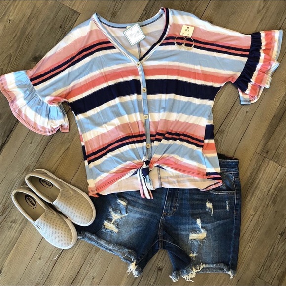 1.4.3. Story by Line Up Tops - Striped V-Neck Front Tie Top